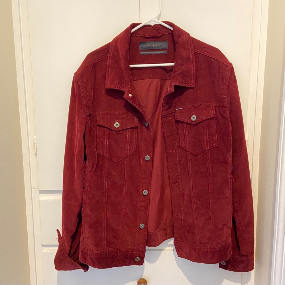 Burgundy Zara corduroy jacket.